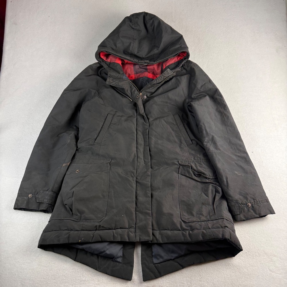 Woolrich Womens Black Hooded Parka Jacket Red Plaid Lining Size M Mid-Length